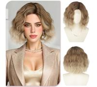Sofeiyan Parrucca Corta Ondulata,30 cm Ombré Marrone a Biondo Miele Parrucca Bob con Raie Laterale,Parrucche con Lace Front Piccola per Donna,Fibra Sintetica per Quotidiano Feste