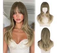 Sofeiyan Parrucche Lunga Layered Con Frange Lisci per Donna,Parrucche Sintetiche Resistenti al Calore Naturale Dritta Parrucche con Frangia per Halloween/Party,60 cm Castano Ombré Biondo