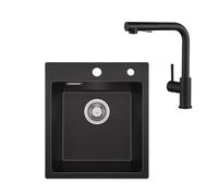 Sofetiy Lavello da cucina in granito nero, 40 x 45 cm, con rubinetto da cucina, allungabile, nero, con sifone, lavello in granito, rettangolare, con 2 fori per rubinetto, 1 bacino