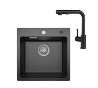 Sofetiy Lavello da cucina in granito nero, 45 x 45 cm, con rubinetto da cucina, allungabile, nero, con sifone, lavello in granito, rettangolare, con 2 fori per rubinetto, 1 bacino