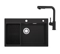 Sofetiy - Lavello da cucina in granito, nero, 70x45 cm, con miscelatore, set con doccetta estraibile, lavello da cucina rettangolare per mobile sottopiano da 70 cm, lavello con griglia di scarico