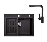 Sofetiy - Lavello da incasso in granito nero, 60 x 45 cm, con rubinetto da cucina nero, allungabile, 2 tipi di getto, in granito, rettangolare, lavello da cucina con rubinetto, set completo