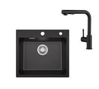 Sofetiy Lavello in granito nero, 50 x 45 cm, con rubinetto da cucina, set estraibile, lavello da cucina, lavello da incasso con scarico, miscelatore nero con doccetta estraibile