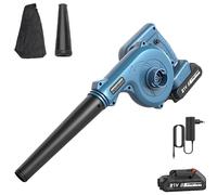 Soffiatore a batteria, 2 in 1 soffiatore elettrico con batteria da 1,5 Ah e caricabatterie, 3,6 m/min, flusso d'aria 70 CFM per la cura del prato, terrazza, giardino, casa, magazzino (blu con 1