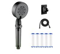 Soffione doccia filtrato ad alta pressione, 5 modalità, soffione doccia filtrato con doccetta, lavaggio elettrico integrato per acqua dura (nero+tubo da 1,5 m)