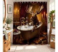Sofisticata tenda da doccia con alce e decorazione fantasiosa, 182,9 x | Vasca Clawfoot, Tende di velluto rosso, Libri antichi, Bicchiere da vino, Arte animale fantasioso, Decorazione interna Moody