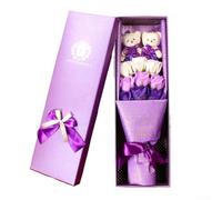 Sofisticati 9 fiori di sapone a forma di rosa con simpatico orsetto in elegante scatola, un modo unico per celebrare le relazioni (viola)