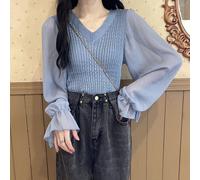 Sofisticato top donna stile casual scollo a V maglia giuntata per tutte le stagi