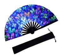SOFPLATE 1 grande ventaglio pieghevole a forma di farfalla fluorescente in bambù clack portatile con borsa per festival musicali, carnevale, EDM Glow Party Line Dance Discoteca Rainbow Outfits 34 cm