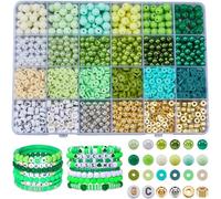 SOFPLATE 1 scatola 2220 pezzi Kit Perline Braccialetto Verde Kit per Fare Braccialetti Dells'Amicizia Lettere Perle di Plastica Piatte Rotonde Heishi Distanziatore Perline di Argilla Polimerica per Gi