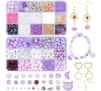 SOFPLATE 1 scatola 2518 pezzi Set di Perline di Vetro Viola Perline Rotonde Acriliche Kit 8mm Perline di Cristlega con Ciondoli A Forma di Fiore Cavo Fili per Orecchini A Fiocco per La Creazione di Gi