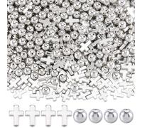 SOFPLATE 1 scatola 600 pezzi 2 stili Perline A Croce Argentate Perline Distanziatrici Rotonde 8mm Piccole CCB Plastica Croci di Pasqua Ciondoli Crocifisso Distanziatori Sfusi per La Creazione di Gioie
