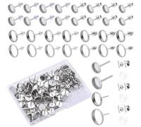SOFPLATE 1 Scatola 80 Pezzi Grezzi per Orecchini A Bottone Cabochon Lunetta per Orecchini A Bottone Grezzi In Acciaio Inossidabile Ipoallergenico Rotondo Piatto Orecchino con Dado per Orecchie Argento