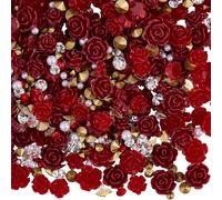 SOFPLATE 1 Scatola da 150 Pezzi di Ciondoli per Unghie A Forma di Rosa Rossa Decorazioni per Nail Art con Fiori in Resina 3D Strass Flatback Gemme e Perle Forniture per Unghie di San valentinos PE