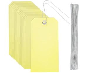 SOFPLATE 100 pz Etichette di Spedizione Gialle Etichette di Plastica Vuote Impermeabili Da 4.7 x 2.4 pollici Rettangolo con Occhiello In PVC In Filo di Ferro Kit di Etichettatura Identificativa con No
