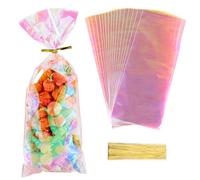 SOFPLATE 100 pz. Sacchetti in Cellophane da 4 x 10 Pollici Trasparenti con Lacci Olografici Iridescenti Rosa in Plastica per Regali di Festa Caramelle per Matrimoni Popcorn Biscotti Imballaggio Snack