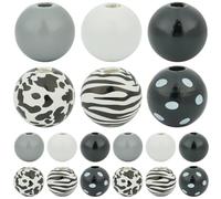 SOFPLATE 120 pz 6 stili di Perline di Legno Dipinte Perline Rotonde di Legno Sfuse 16mm Assortiti Naturali Bianco Nero Grigio Modello Mucca Fattoria Mini Perline Distanziatrici Sciolte per Braccialett