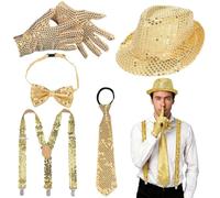 SOFPLATE Costume Da Star Della Danza Set di Costumi Da Discoteca per Uomo Halloween Retrò 70s 80s Performance Da Discoteca Guanti con Paillettes Dorate Scintillanti Cappello Fedora Cravatta e Cinturin