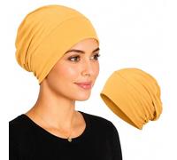 Soft Stretch Turban Beanie for Women, Milk Silk Full Coverage Head Wrap, Chemo Sleep for Hair Loss, Anti Slip Hijab Undercap (Ginger Yellow)