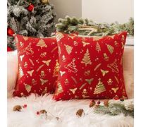 Softalker Set di 2 federe per cuscini natalizi, 50 x 50 cm, colore rosso, con pupazzo di neve dorato e albero di Natale in velluto, grandi cuscini 20 x 20 cm, per divano, soggiorno, camera da letto,