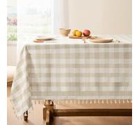 Softalker Tovaglia rettangolare a scacchi, pesante, in lino e cotone, a quadretti, con nappe, antipieghe, per cena, festa, l'aperto, 140 x 260 cm, beige