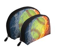 Softball giallo, Borsa per trucco a conchiglia Portamonete da donna Borsa da toilette piccola Borsa per cosmetici 2 pezzi