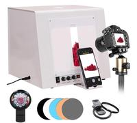Softbox portatile per studio fotografico, dimmerabile, con giradischi elettrico, staffa per appendere, 4 luci LED, 5 sfondi e filtri a stella per fotografia e video