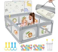SOFTHOM Box Bambini 120x120 con Tappeto, Box per Bambini 360° Rete Traspirante, Tessuto Oxford, Base antiscivolo, Porta con Cerniera, Sicurezza Antiscivolo Robusta Centro Attività, Leone Grigio