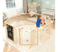 SOFTHOM Box Bambini in Legno, Grande Recinto per Bambini Pieghevole con Porta, Regolabile Dimensioni&Forma, Portatile, Lavagna, Montessori Tavola dei Giocattoli, Sicurezza Centro Attività Espandibile