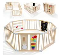 SOFTHOM Box Bambini Pieghevole con Tappeto, Regolabile Dimensioni&Forma Recinto per Bambini in Legno, Grande&Sicurezza Centro Attività con Porta, Lavagna, Montessori Tavola dei Giocattoli, Natur