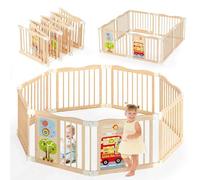 SOFTHOM Box per bambini pieghevole, regolabile in legno con porta, 100% legno naturale, estremamente sicuro e stabile, con giocattolo di attività Montessori, centro di attività espandibile, natura