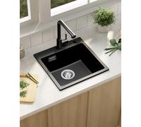 Softiy Lavandino Cucina Granito Nero, Lavello Cucina 1 Vasca 45x45cm, Lavabo Cucina con Sifone, Lavandino Cucina Rettangolare, Lavello da Incasso Con 2 Fori per Rubinetto, Facile da Pulire