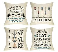 Softxpp Life is Better at the Lake House, set di 4 federe decorative per cuscino, motivo fattoria, pagaie, ancora, lago, rustico, primavera/estate, decorazione per la casa, 45 x 45 cm