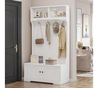 sogesfurniture Armadio d'ingresso bianco con vano portaoggetti, armadio corridoio con scaffalatura, scarpiera, 4 ganci appendiabiti, 2 scomparti nella parte superiore per la conservazione aperta