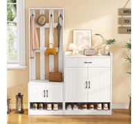 sogesfurniture Set appendiabiti bianco con 4 ganci appendiabiti, 2 scarpiere con ante, set multifunzionale per corridoio e ingresso, 140,6 x 30,5 x 180 cm