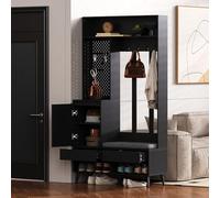 SogesHome Appendiabiti completo nero con panca e bacheca, montato a parete con 4 ganci, 2 cassetti + porta, protezione dall'umidità grazie ai piedi da 15 cm, larghezza 35 x altezza 180 x lunghezza 100
