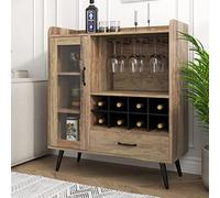 SogesHome Armadietto per Vino a Buffet Con Anta in Vetro e Cassetto, 3 Ripiani Con 8 Cubetti, Credenza per Conservazione Con Portabottiglie per Ingresso, Soggiorno, Cucina