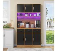 SogesHome Armadio alto da cucina, armadietto a buffet, con illuminazione a LED, cassetti, prese per cucine e sala da pranzo, 100 x 40 x 180 cm (nero teak)