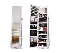 SogesHome Armadio per Gioielli con Specchio a Lunghezza Intera e Piedistallo Girevole a 360°, Bianco