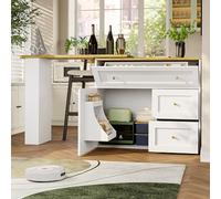 SogesHome Tavolo da bar allungabile 138 - 204 cm - Armadietto da cucina e credenza con vano portaoggetti, scaffale per snack, girevole a 360°, cassetti pieghevoli, tavolo telescopico da cucina (bianco