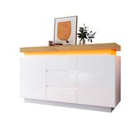 SogesPower Cassettiera bianca lucida con 3 cassetti e 2 ante Smart Home LED controllata da app, ripiani regolabili in altezza, Soft-Close 81 x 140 x 39 cm, per soggiorno, camera da letto