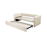 SogesPower Divano Letto Estensibile 90 x 200 cm, Colore Beige, Mobile Multifunzionale 2 in 1 Come Divano e Letto per Ospiti, Aspetto Classico con Bottoni, Struttura in Acciaio Stabile