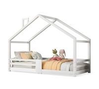SogesPower Lettino per bambini in legno di pino con design in chimnea e protezione da cadute, 90x200 cm (bianco) e robusta griglia a latte, semplice costruzione autonoma
