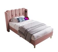 SogesPower Letto imbottito con funzione di ricarica USB-C e rete a doghe 90x200 cm Rivestimento in velluto rosa Letto imbottito per giovani per camera da letto e camera degli ospiti Facile da montare