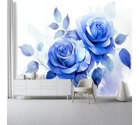 Soggiorno Carta da Parati Murale 400 x 280 cm, Stile Acquerello Petali Rose Carta da Parati per Parete TV Camera da Letto Decorare, Bianco Blu Decorazione Murale Fotomurale