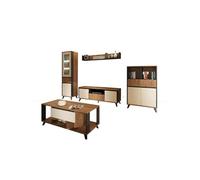 Soggiorno Completo Moderno con Vetrina LED, Mobile TV, Contenitore, Tavolino, Mensola, Ante Soft Close e Cassetti a Estrazione Totale in Rovere Chiaro Grafite E Beige SU43