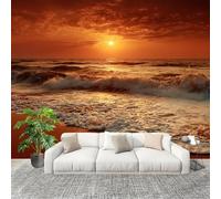 Soggiorno Murale Adesivi da Parete 200x140cm Romantica Spiaggia Al Tramonto Murales Carta da Parati in Tessuto non Tessuto Rosso-Arancio Poster Design per Sala Giochi Corridoio Lounge Pareti