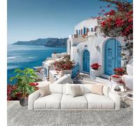 Soggiorno Murale Adesivi da Parete 350x256cm Spiaggia Di Santorini Effetto 3D Murales Carta da Parati in Tessuto non Tessuto Blu Poster Design per Sala Giochi Corridoio Lounge Pareti