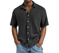 Sohodoo Camicia Moderna a Maniche Corte Plissettata da Uomo - vestibilità Rilassata con Compressione Strutturata e Comfort for Tutto Il Giorno(Black,XL)