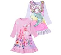 SOIBEEN Camicie da notte da bambina, confezione da 2 pezzi, a maniche lunghe, a maniche corte, in cotone, per bambine 2-9 anni, Lunga sirena tinta unita viola, 4-5 Anni